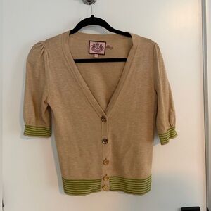 Juicy Couture Preppy Tan Cardigan with Green Stripes and Gold Buttons